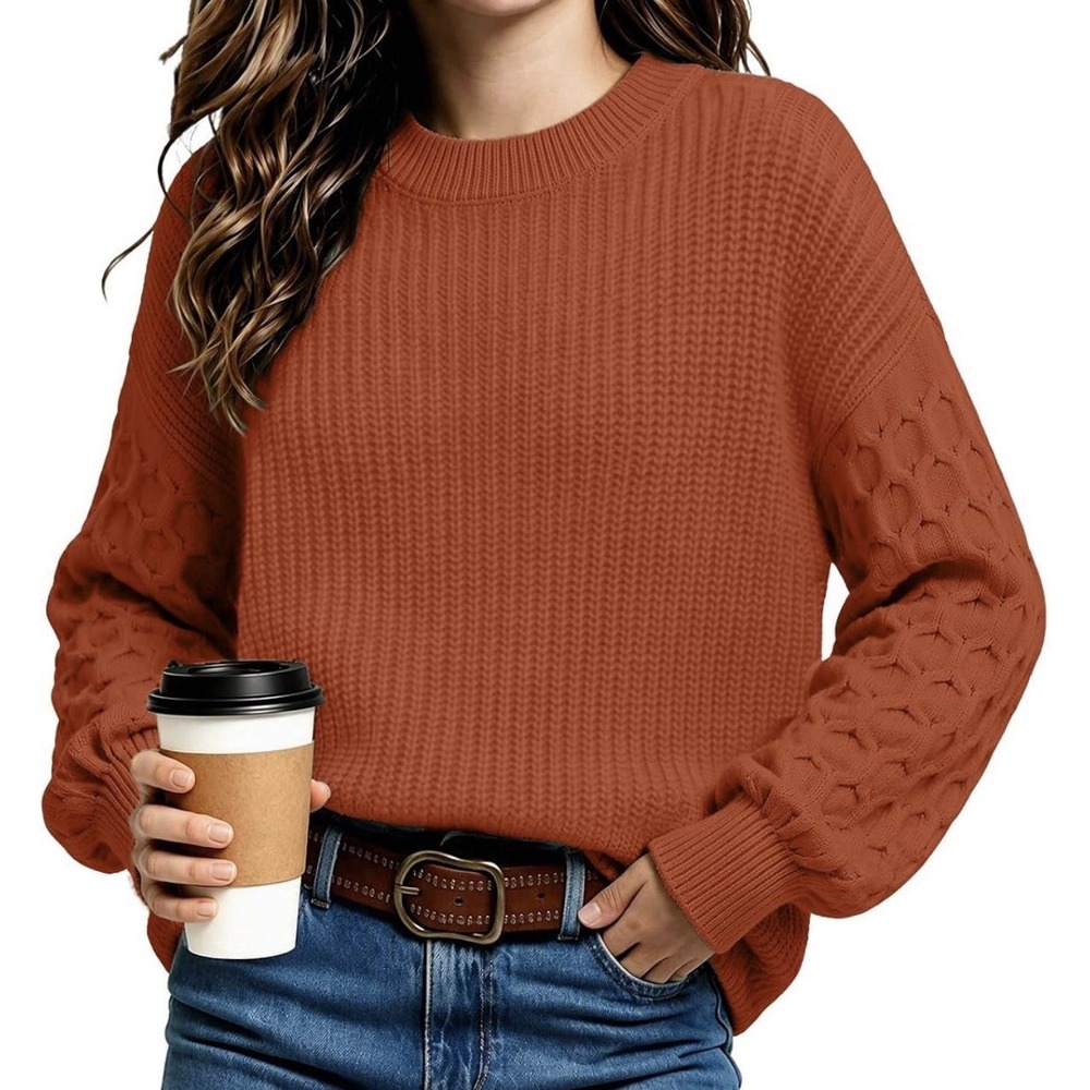 Womens Medium Rust Orange Chunky Knit Cable Sleeve Pullover Sweater